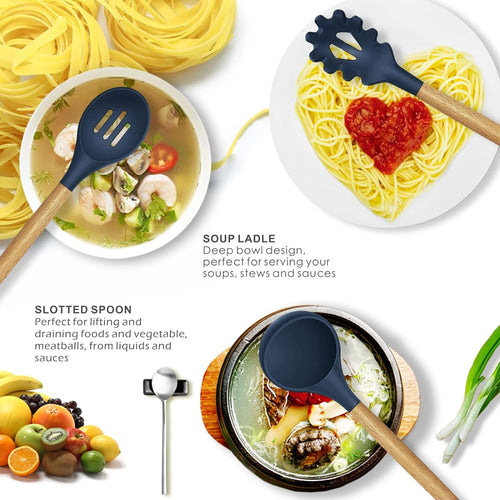 12-Piece Silicone Kitchen Utensil Set with Wooden Handles